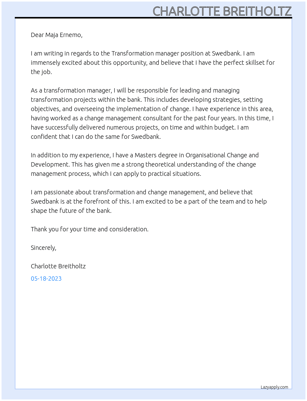 Transformation manager  At Swedbank  Cover Letter