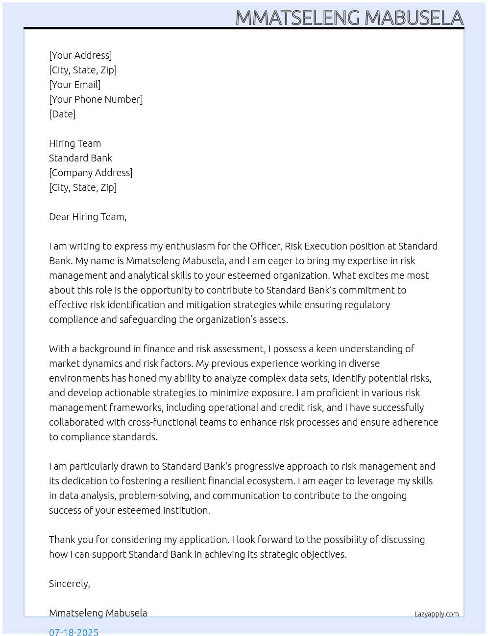 Officer, Risk Execution At Standard bank Cover Letter