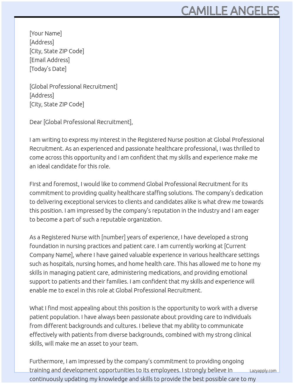 Registered Nurse At Global Professional Recruitment Cover Letter