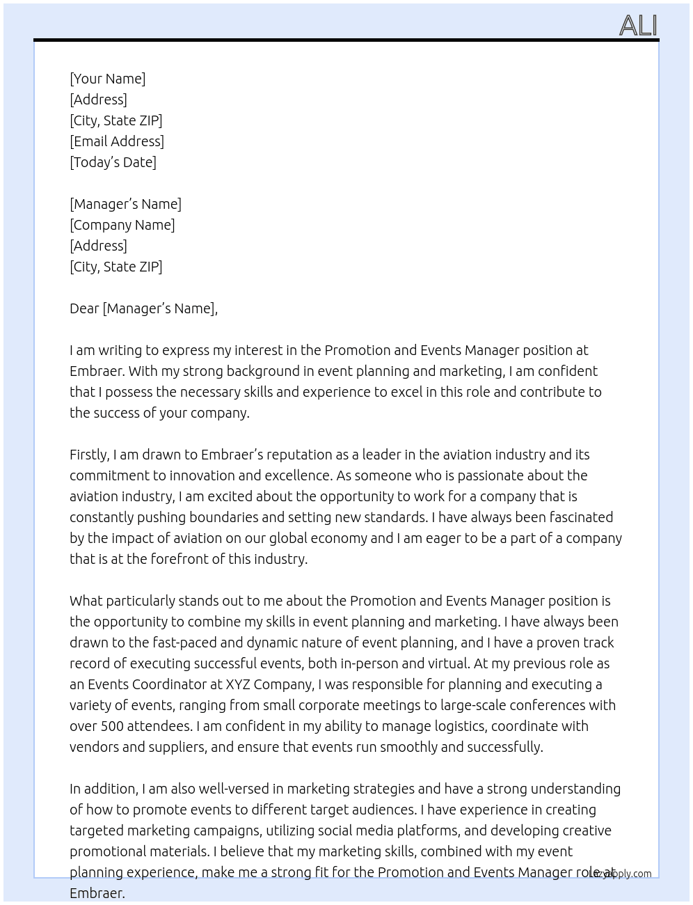 Promotion and events manager At Embraer Cover Letter