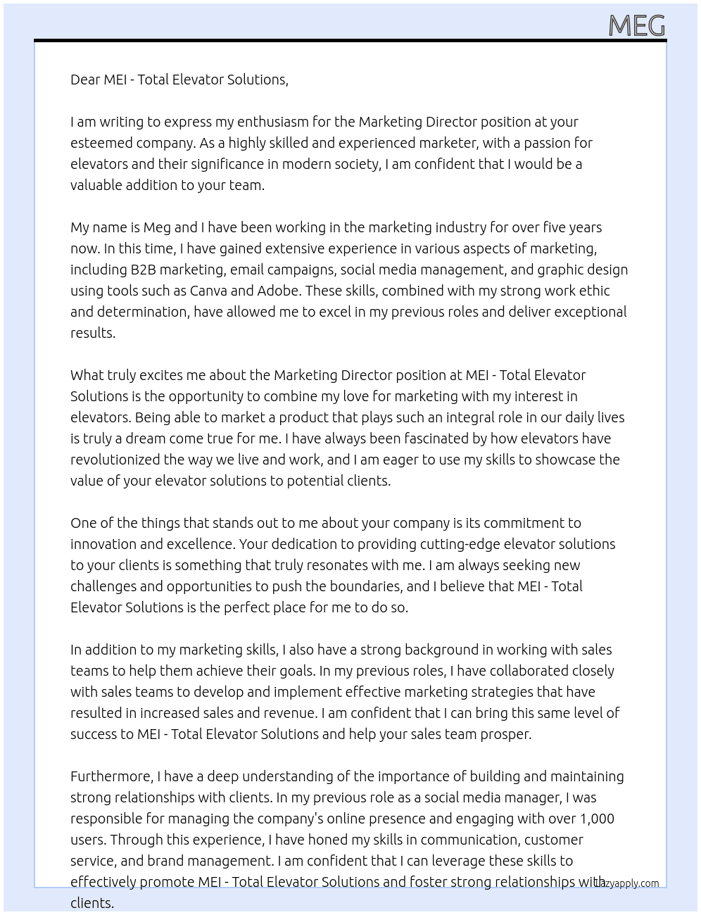 Marketing Dire gor At MEI - Total Elevator Solutions  Cover Letter