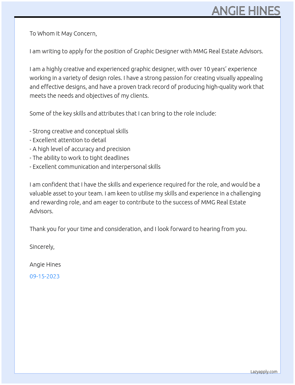 Graphic Designer At MMG Real Estate Advisors Cover Letter