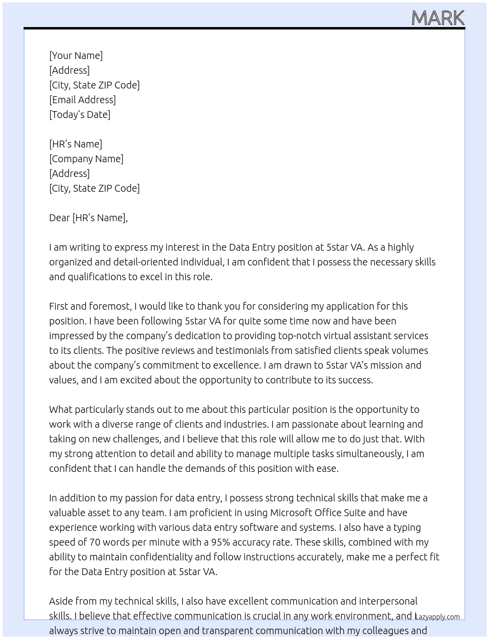 Data Entry At 5star VA Cover Letter