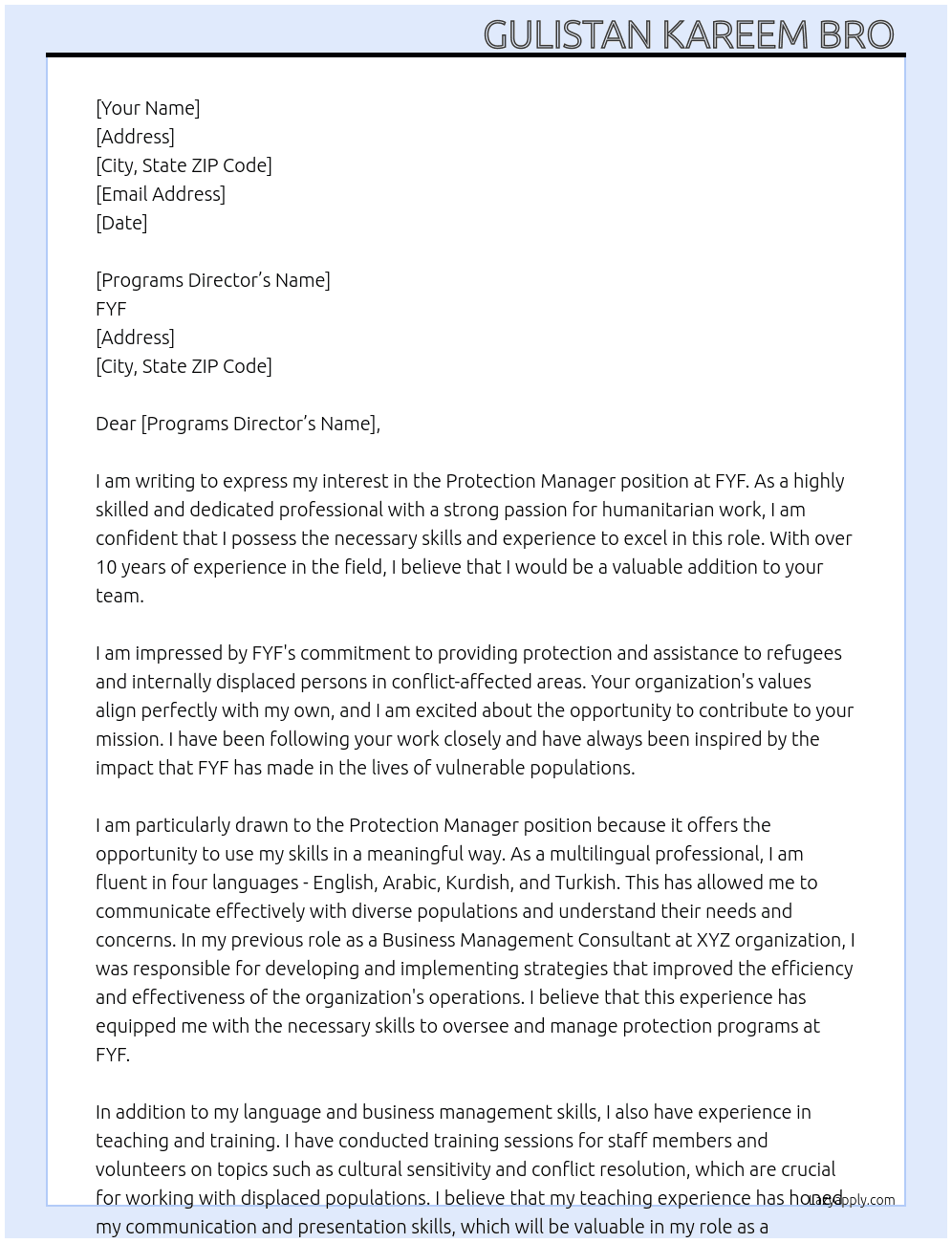 Protection Manager  At FYF Cover Letter