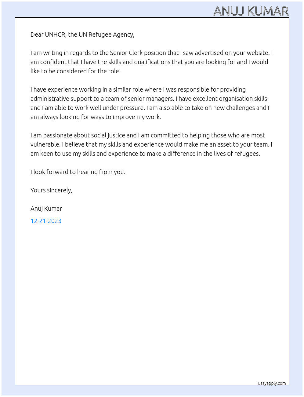 Senior Clerk At UNHCR, the UN Refugee Agency Cover Letter