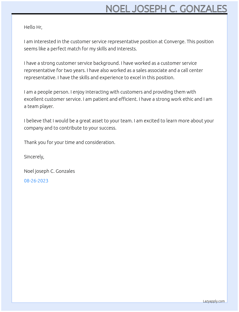 Customer service representative At converge Cover Letter