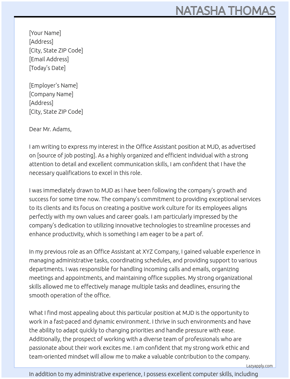 Office assistant At MJD Cover Letter