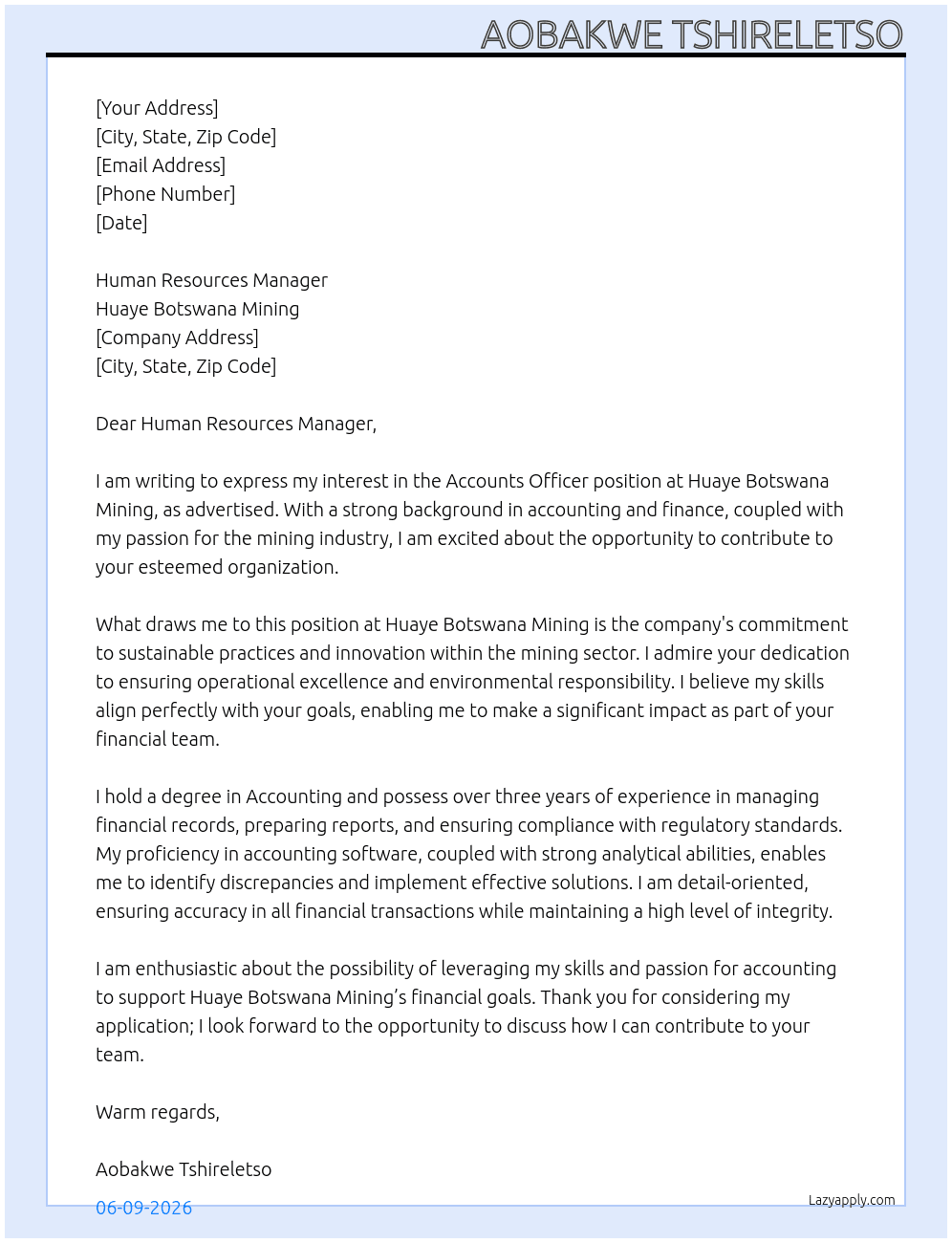 Accounts Officer At Huaye Botswana Mining Cover Letter