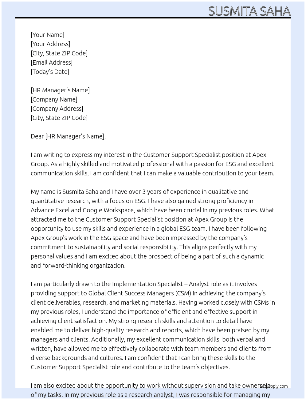 Customer Support Specialist  At Apex Group Cover Letter