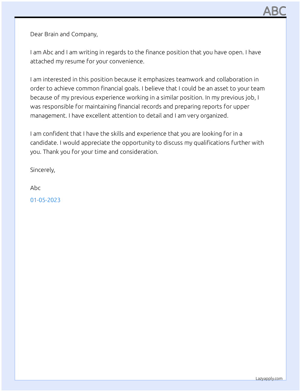 Finance  At Brain and co Cover Letter