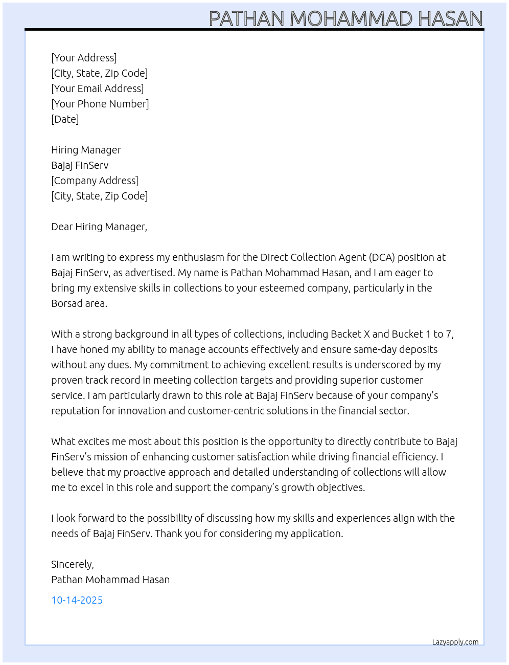 Direct collection Agent  At Bajaj FinServ  Cover Letter