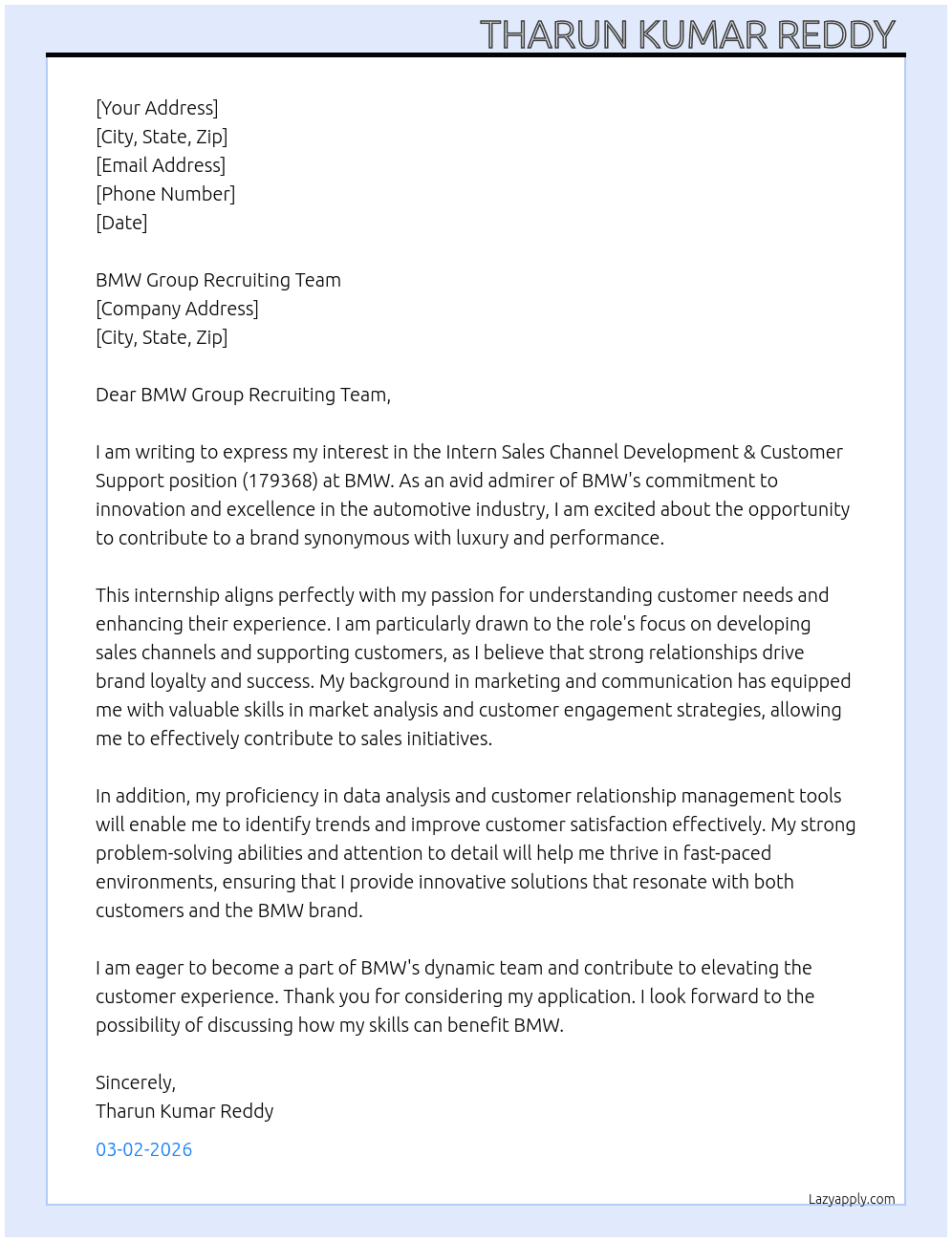 Intern Sales Channel Development & Customer Support (179368) At bmw  Cover Letter