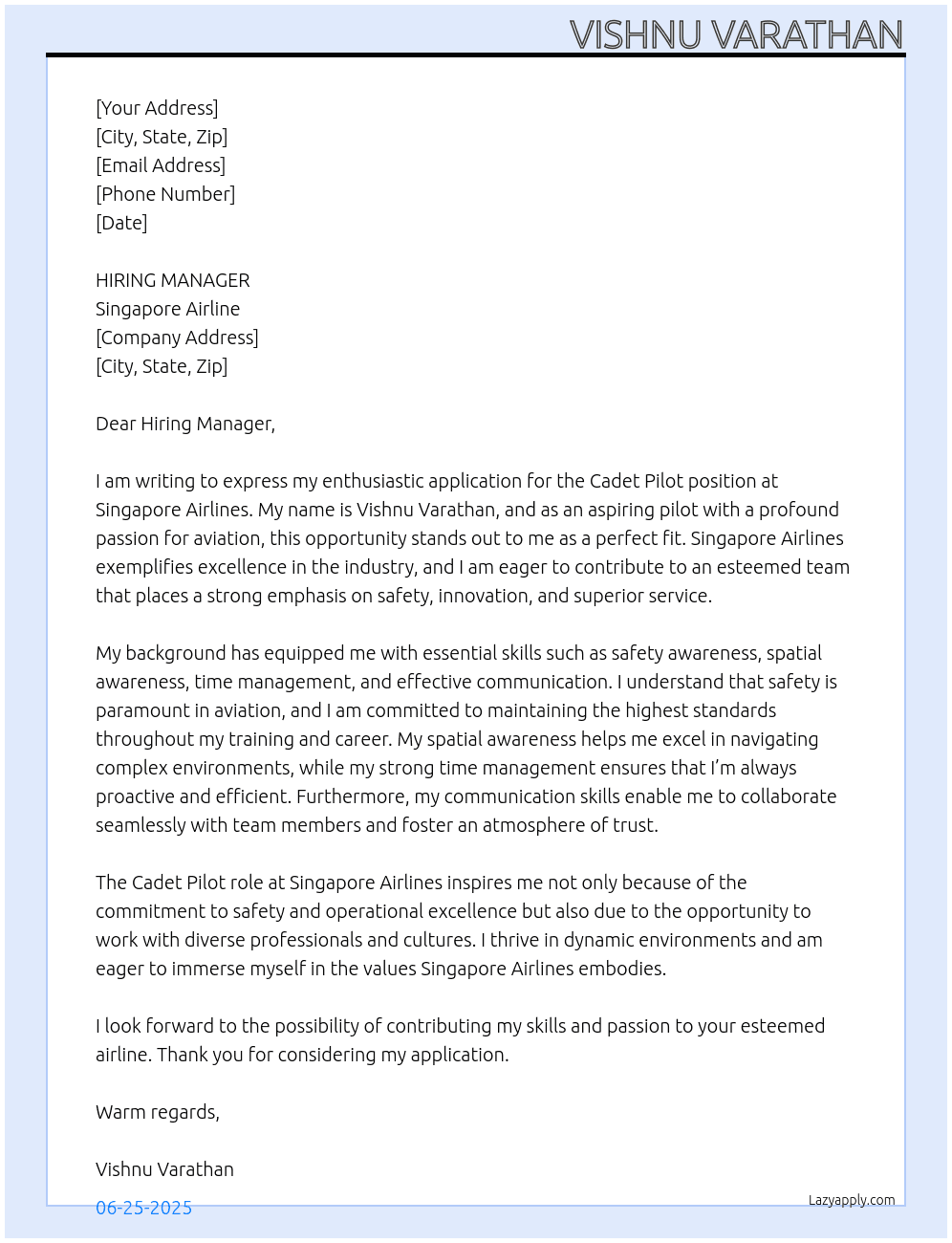 CADET PILOT At SINGAPORE AIRLINE Cover Letter