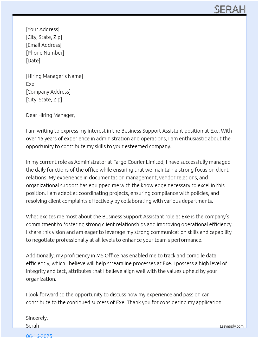 Business support Assitant  At exe Cover Letter