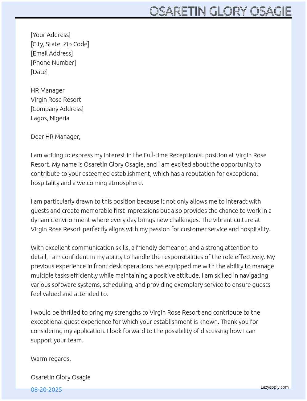 Receptionist At Virgin rose resort Cover Letter