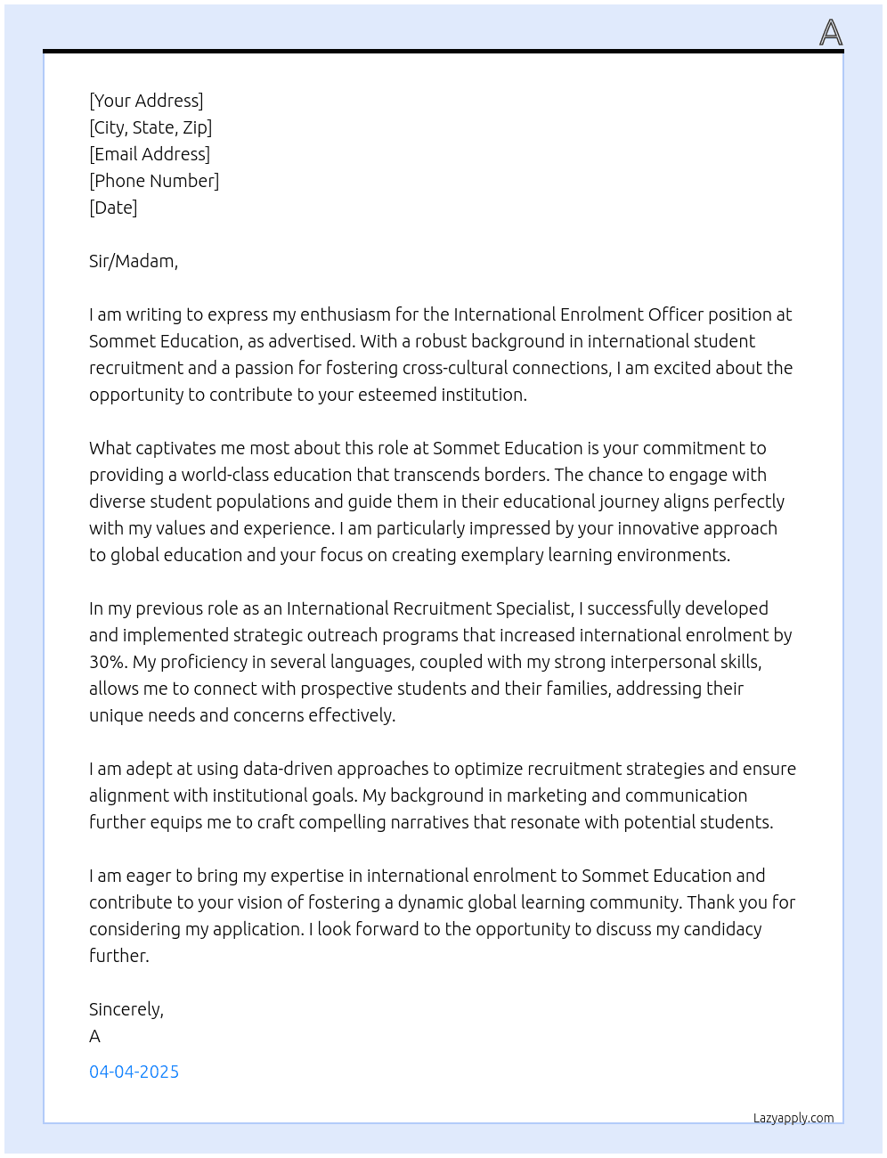 International Enrolment Officer At Sommet Education Cover Letter