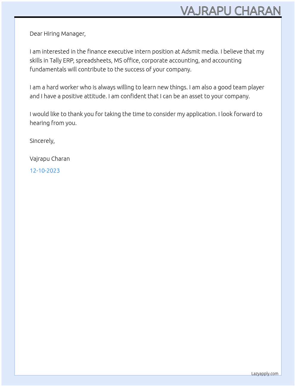 Finance executive intern At Adsmit media Cover Letter