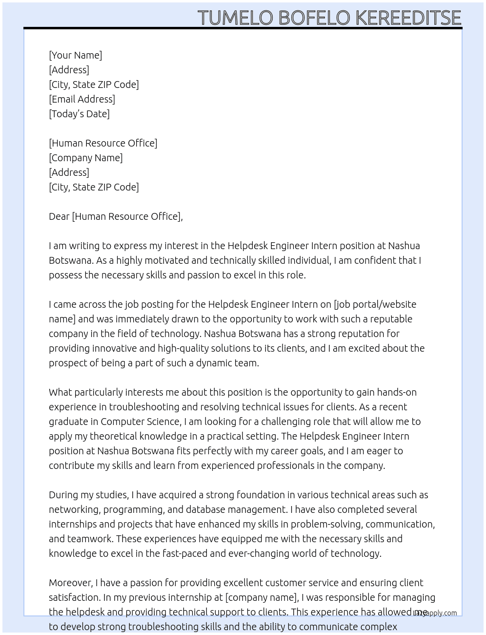 Cover letter for helpdesk engineer intern - LazyApply