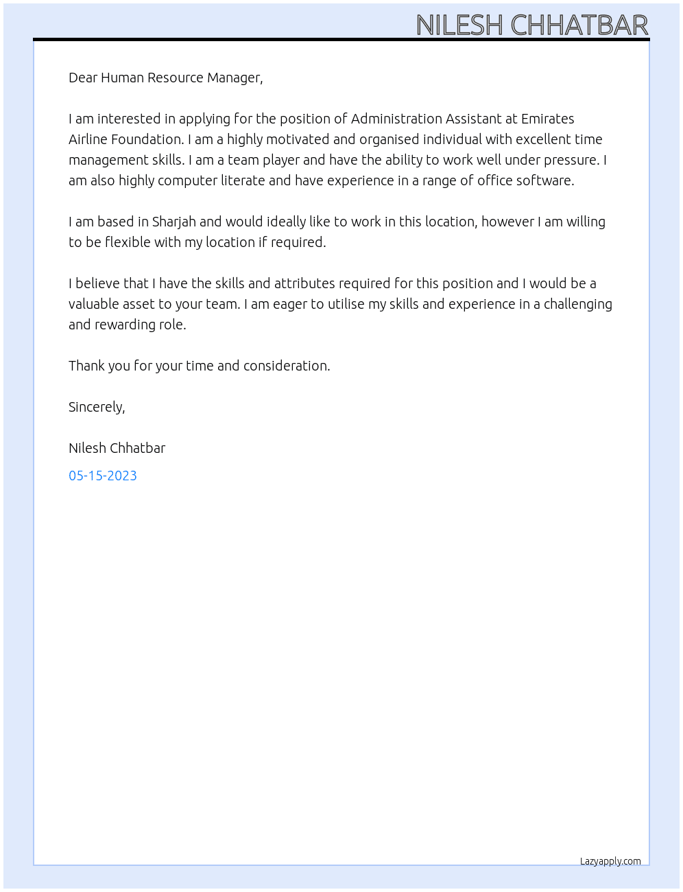 Administration Assistant At Emirates Airline Foundation Cover Letter