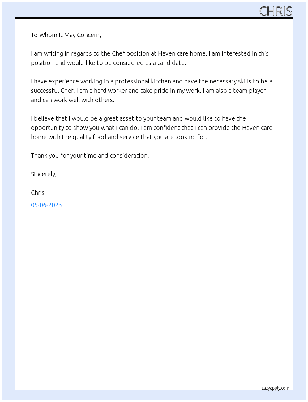 Chef At Haven care home Cover Letter