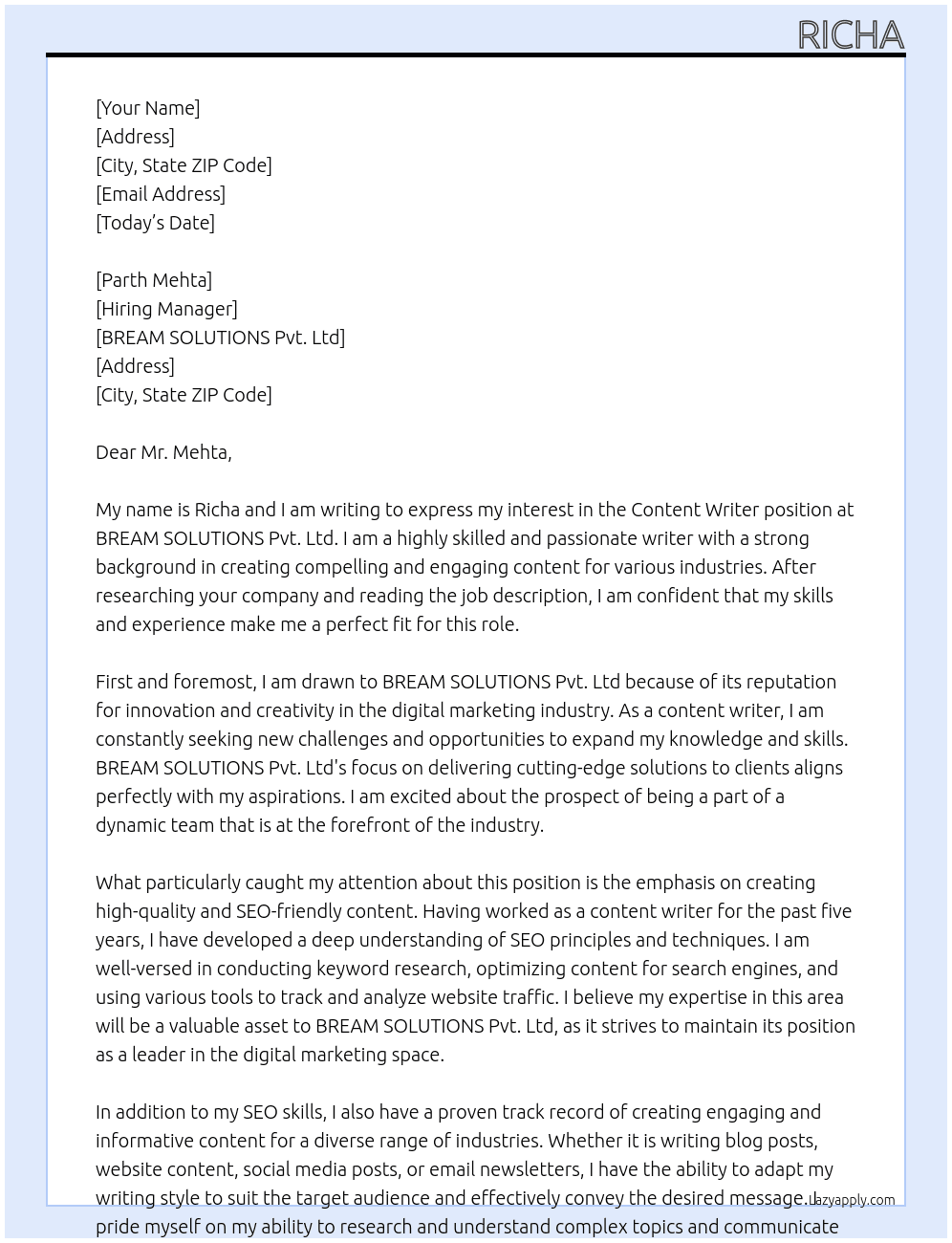 content writer At BREAM SOLUTIONS Pvt. Ltd Cover Letter