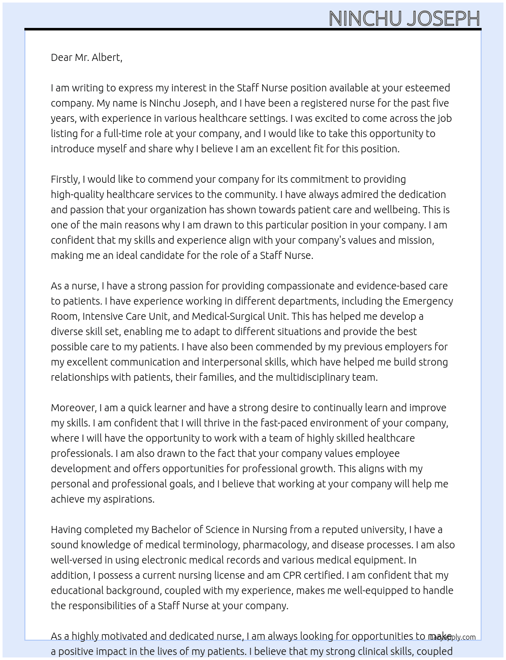 Staff Nurse At Staff Nurse Cover Letter