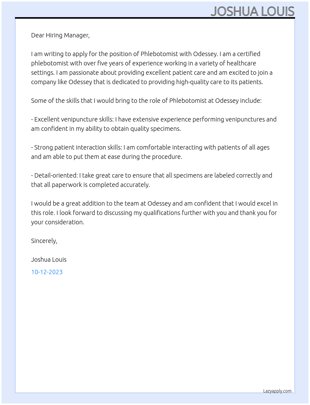 Phlebotomist At Odessey Cover Letter