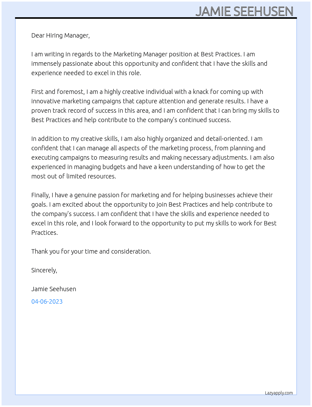 Marketing manager At Best practices  Cover Letter