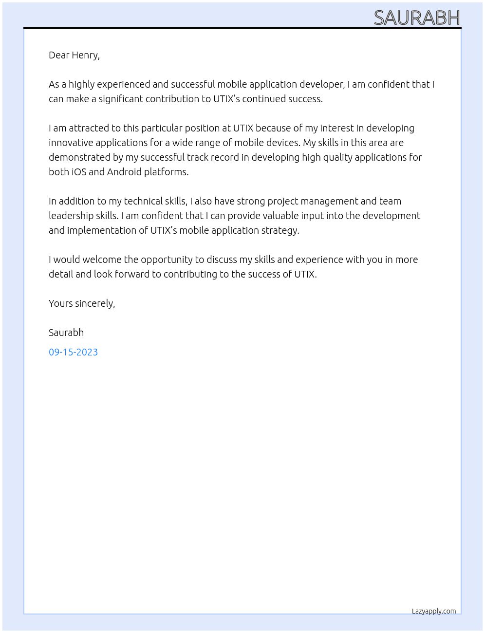 Mobile Application Developer At UTIX Cover Letter