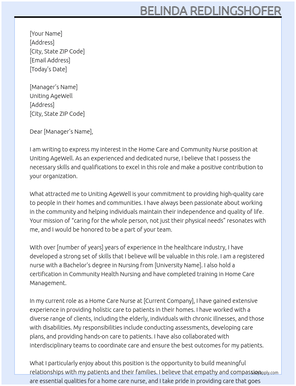 Home care and Community Nurse At Uniting AgeWell Cover Letter