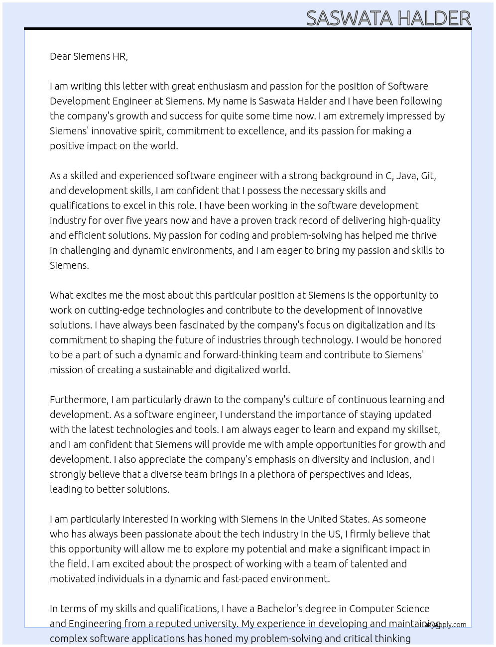 Software Development Engineer At Siemens Cover Letter