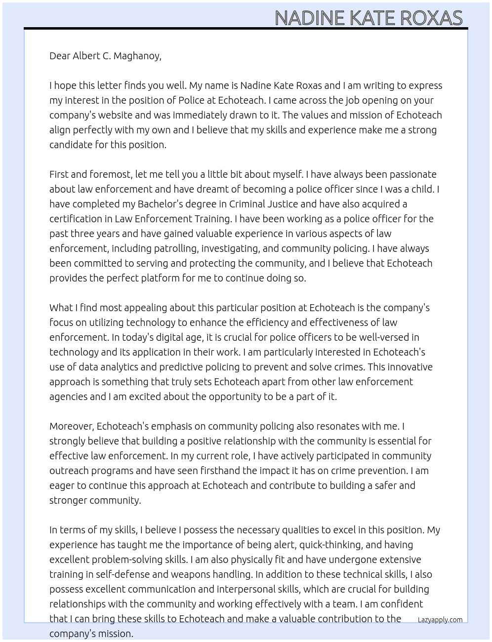 Police At Echoteach Cover Letter