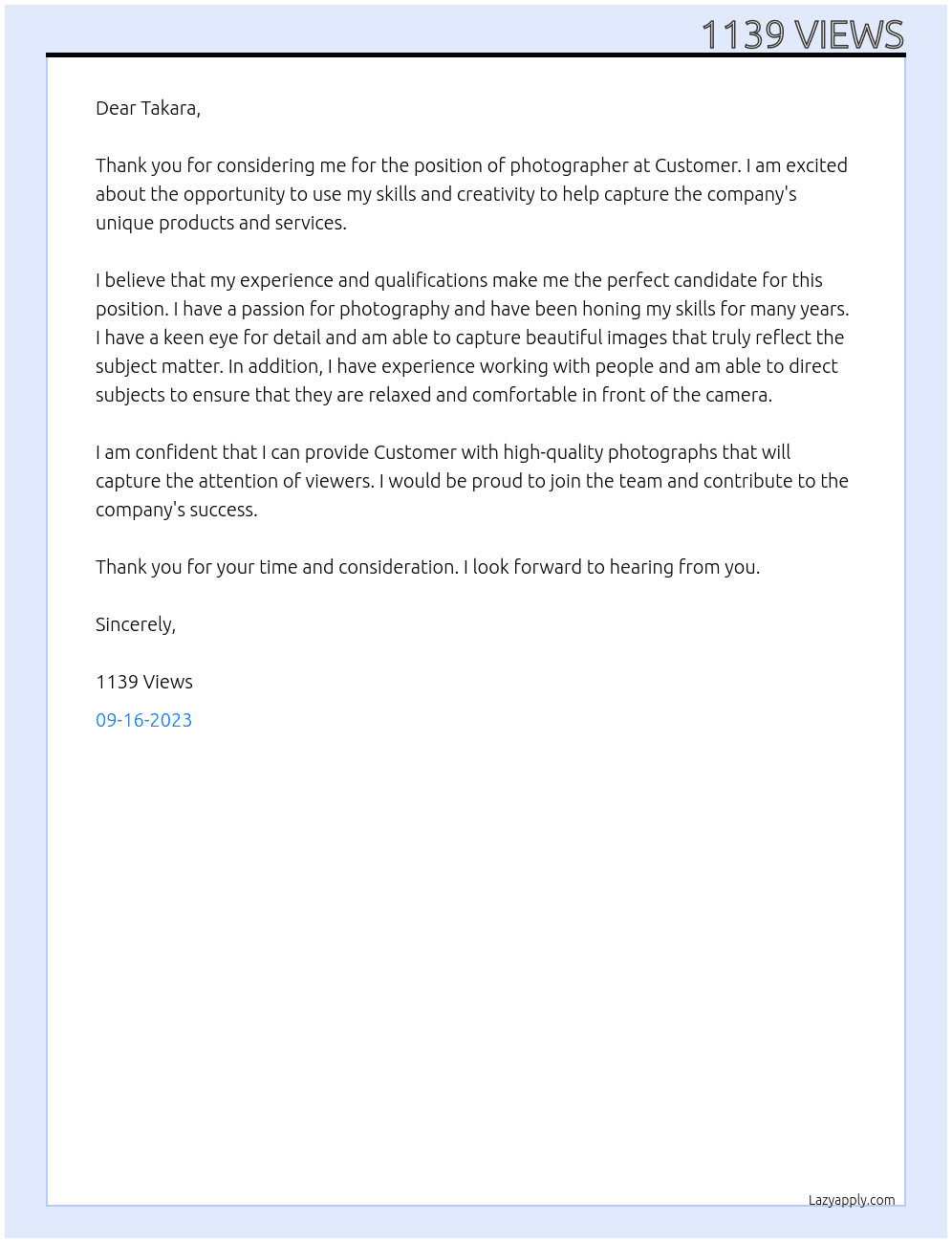 photographer At Customer Cover Letter