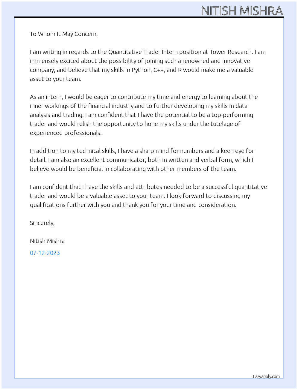 Quantitative Trader Intern At Tower  Research Cover Letter