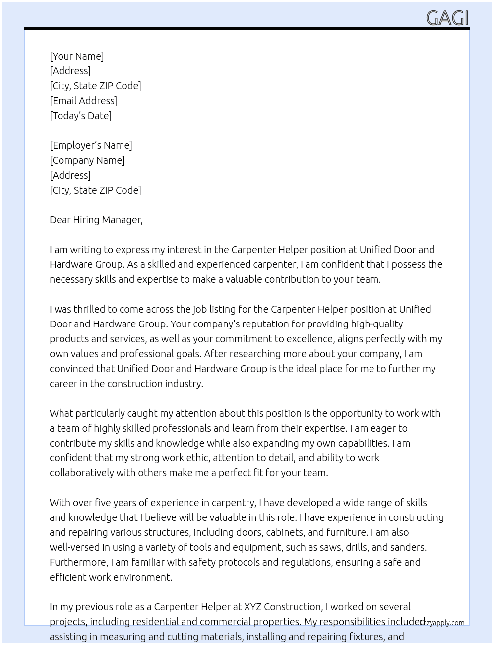 Carpenter helper At Unified Door and Hardware Group Cover Letter