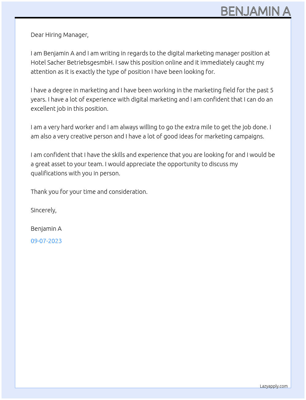 Digital marketing Manager At Hotel Sacher BetriebsgesmbH Cover Letter