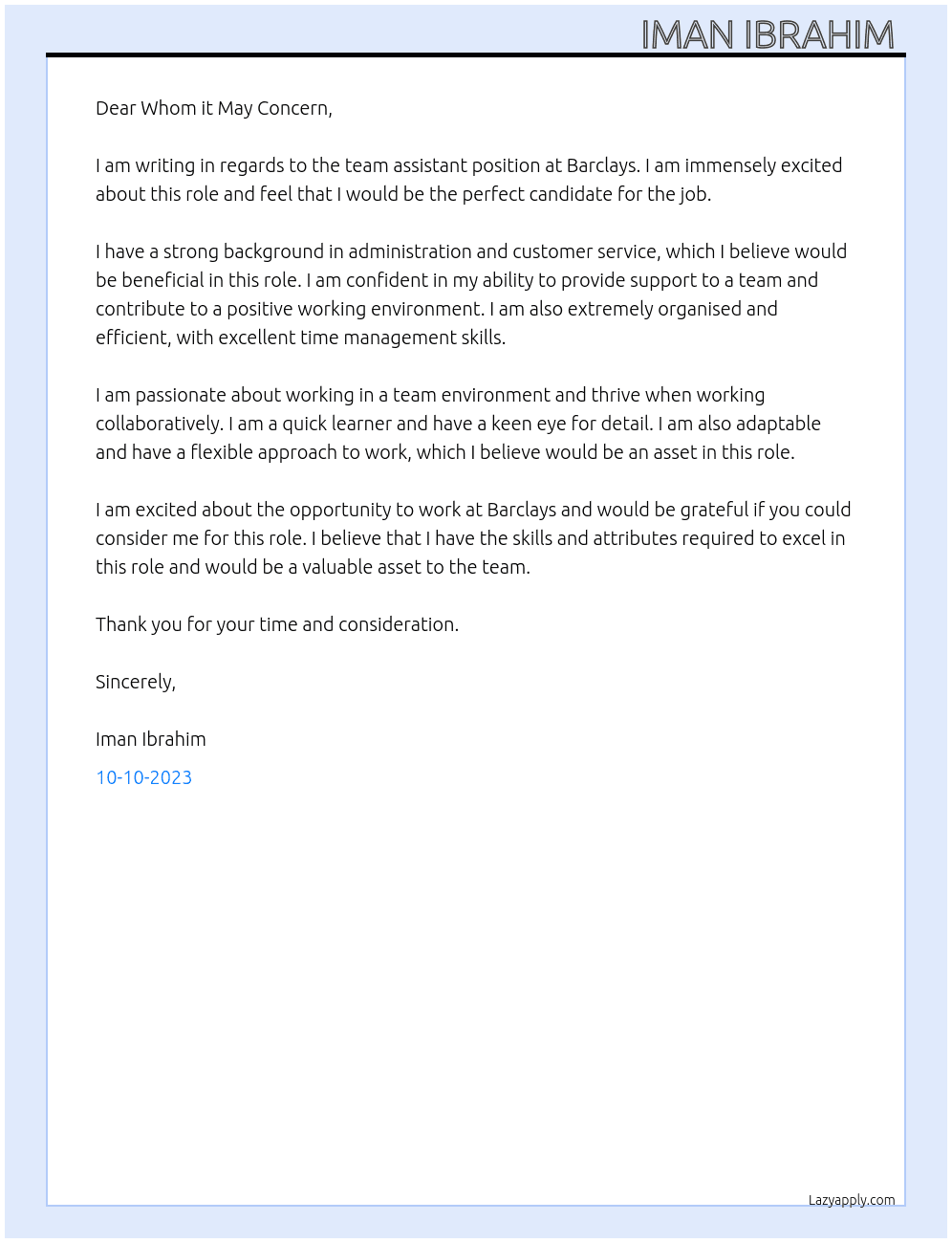 team Assistant  At Barclays  Cover Letter