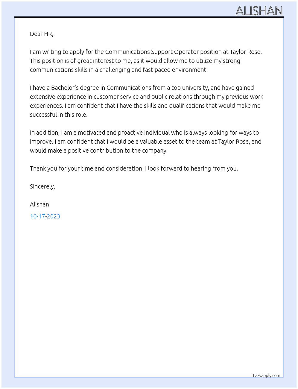 COMMUNICATIONS SUPPORT OPERATOR At Taylor Rose Cover Letter
