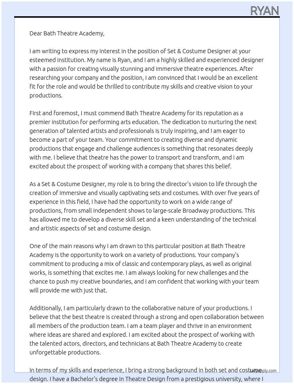 Set & Costume Designer  At Bath Theatre Academy Cover Letter
