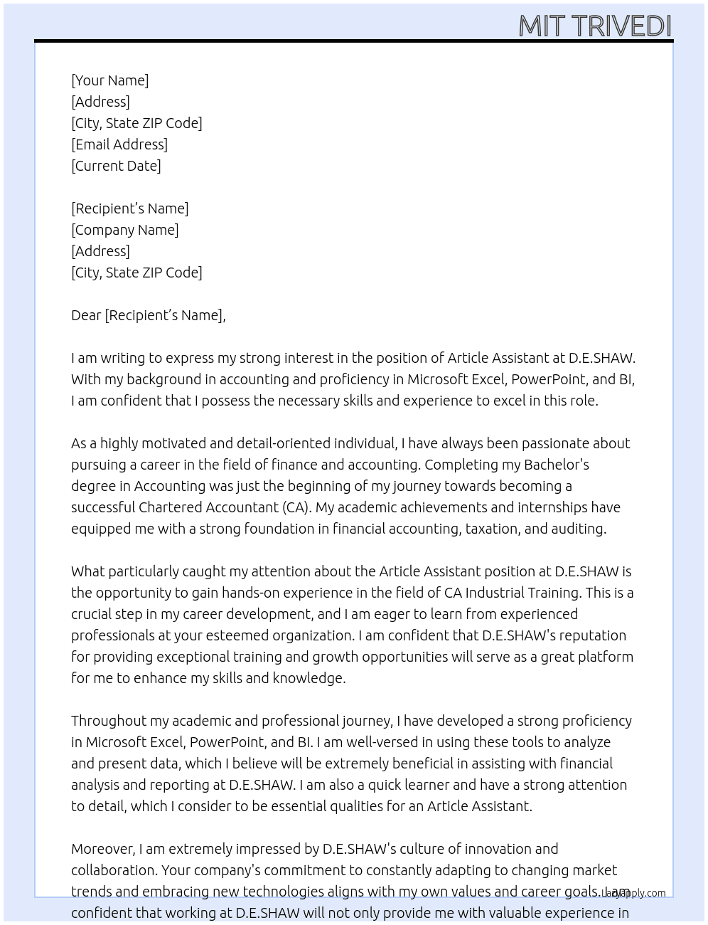 Article Assistant  At D.E.SHAW Cover Letter