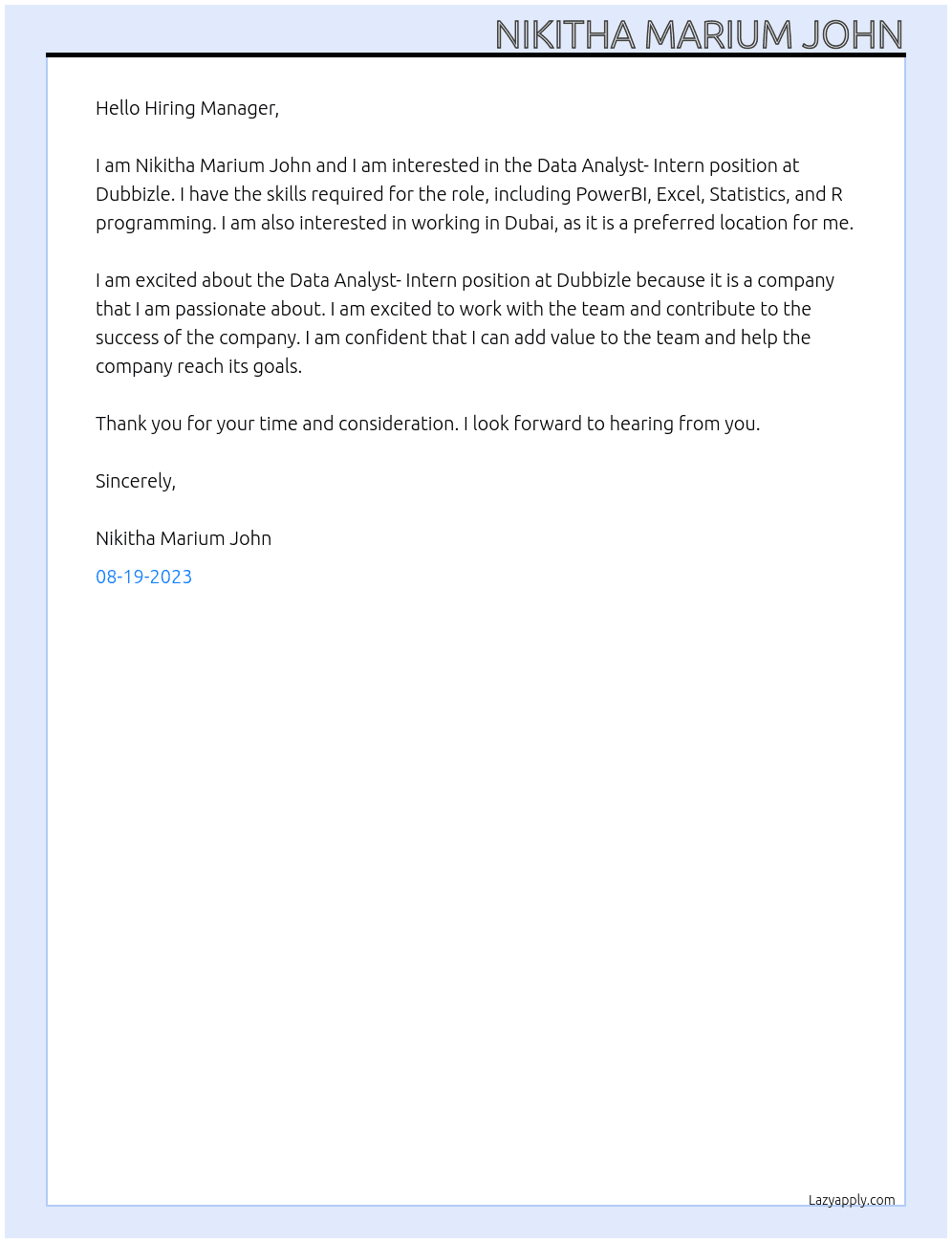 Data Analyst- Intern At Dubbizle Cover Letter