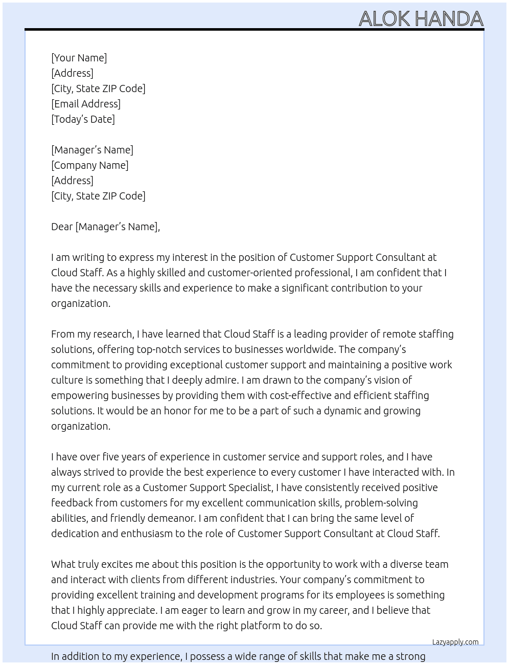 Customer Support Consultant  At CLOUD STAFF Cover Letter