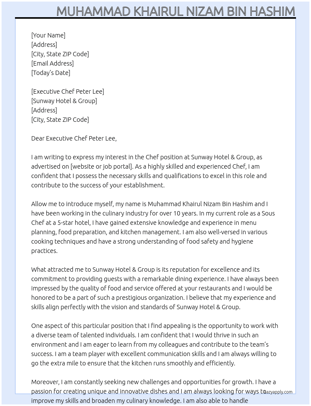 Chef At Sunway Hotel & Group Cover Letter