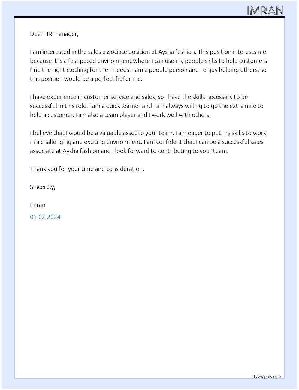 Sales associate  At Aysha fashion Cover Letter