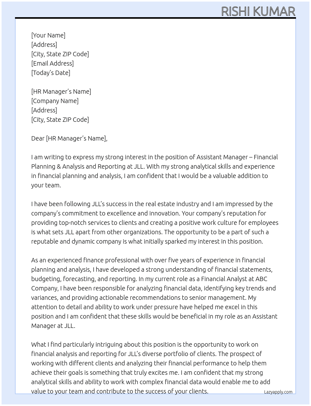 Assistant Manager – Financial Planning & Analysis and Reporting   At JLL Cover Letter