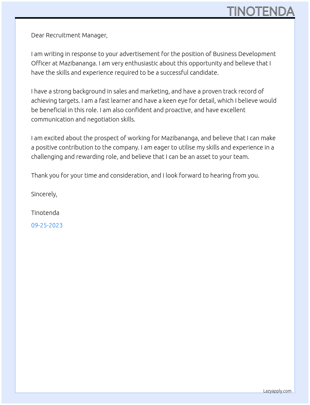 Business Development Officer At Mazibananga Cover Letter