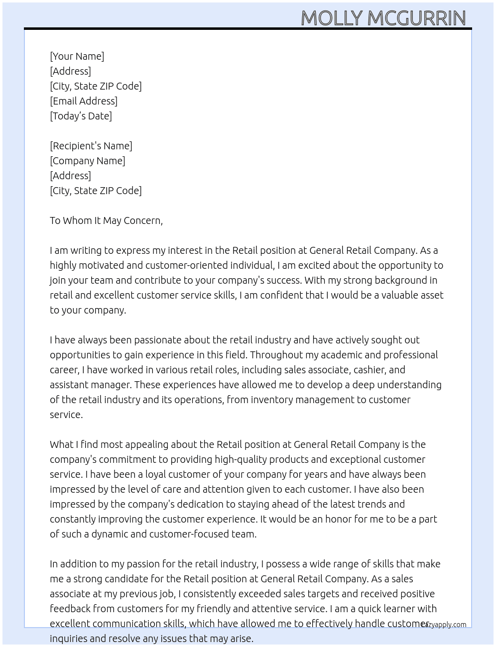Retail At General retail company Cover Letter