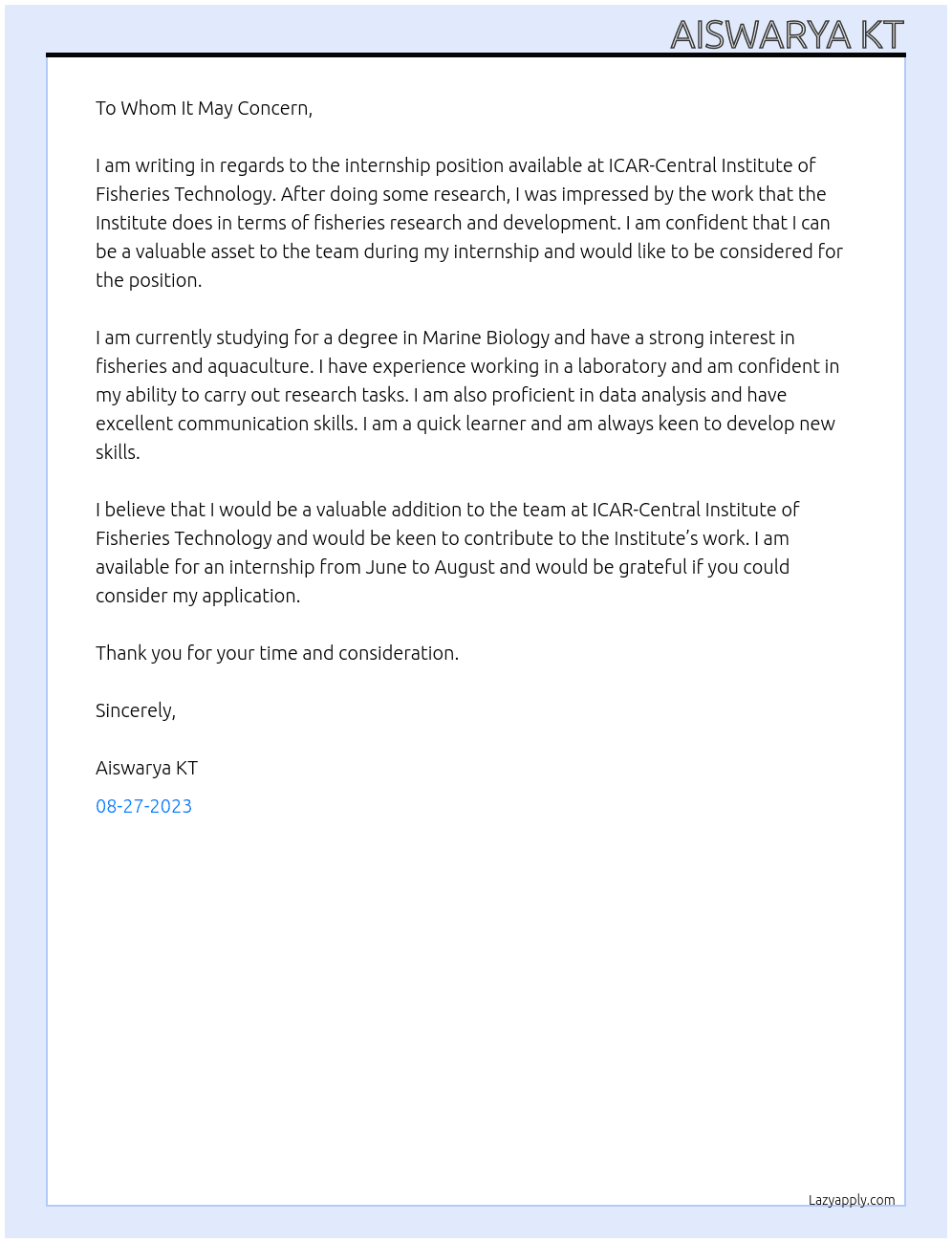 internship At icar -central institute of fisheries technology Cover Letter