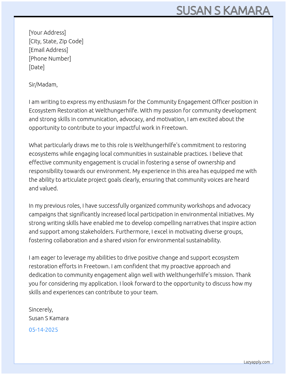 Community Engagement Officer (Ecosystem Restoration At Welthungerhilfe  Cover Letter