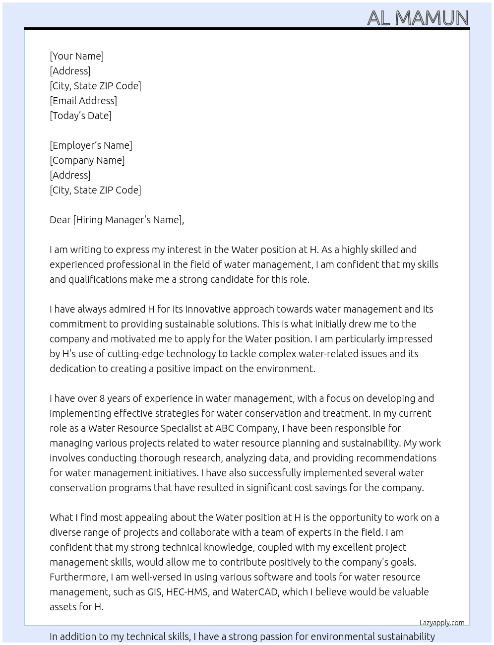 Water  At H Cover Letter